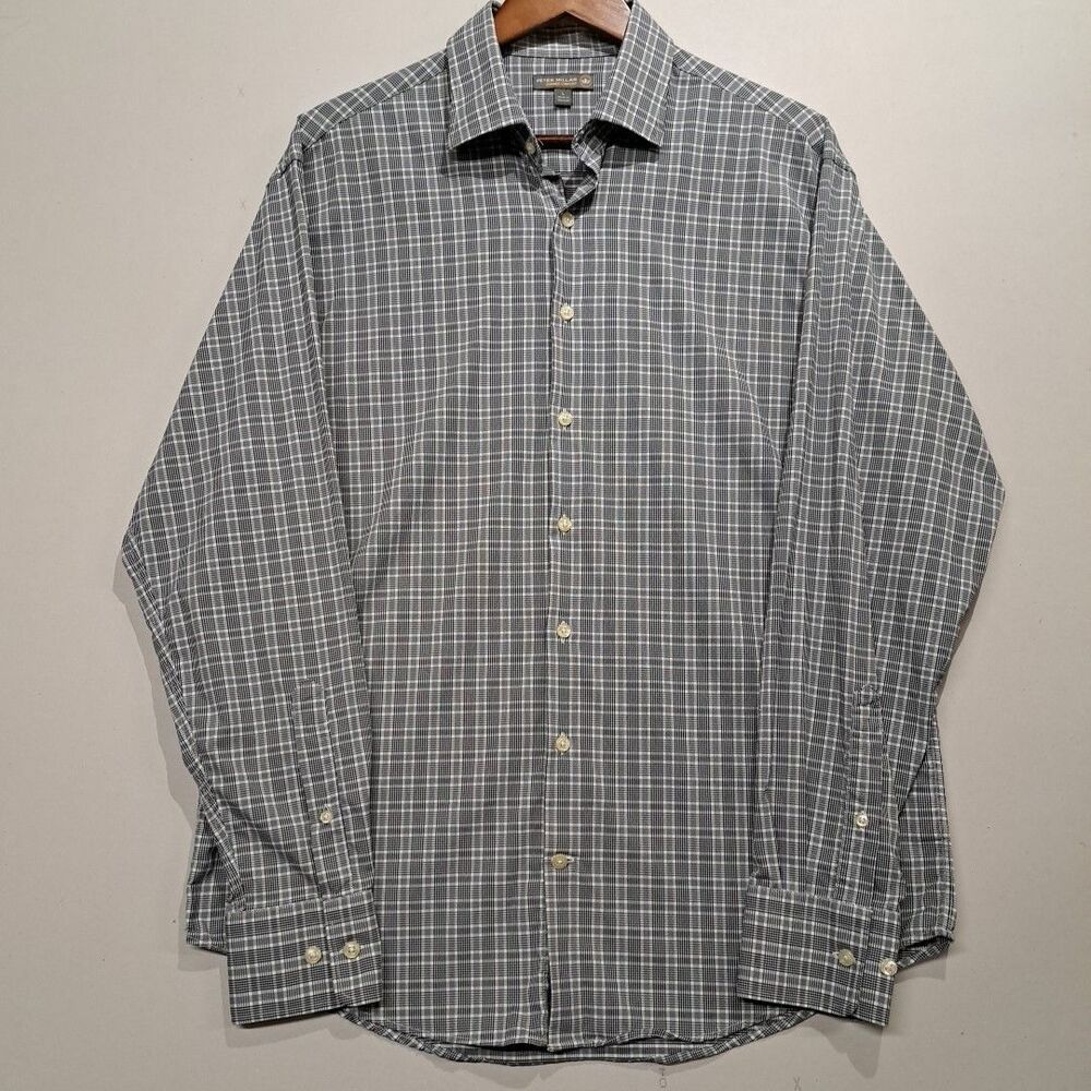 Peter Millar Summer Comfort Button Up Large Black White Houndstooth Plaid